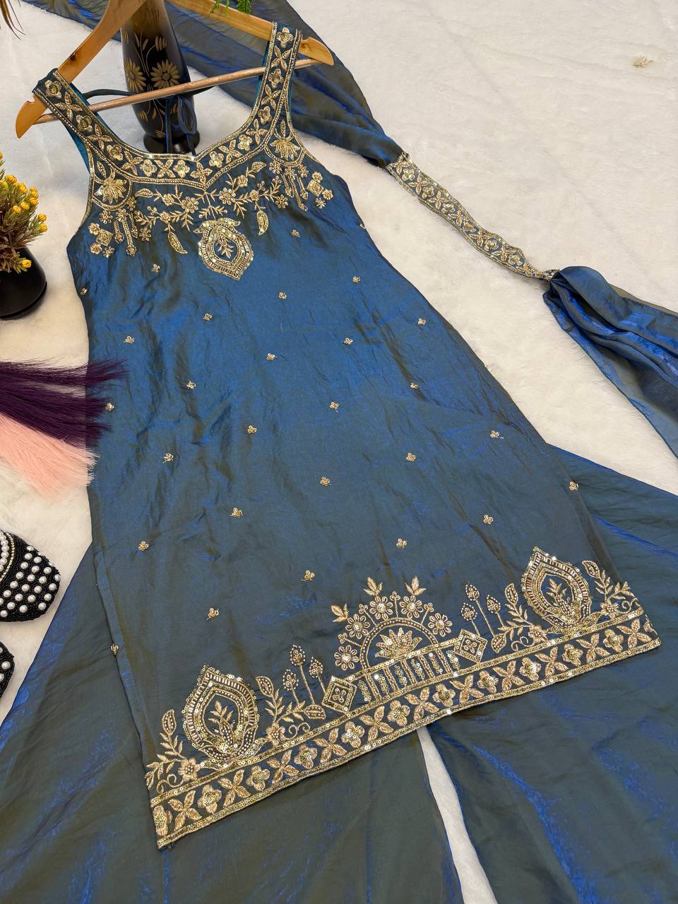 Deep Cyan Heritage Palazzo Set